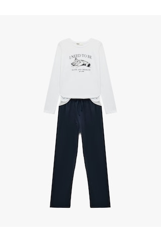 Koton Baskılı Uzun Kollu Bisiklet Yaka Pamuklu Pijama Takımı Beyaz 7wlk40119mk