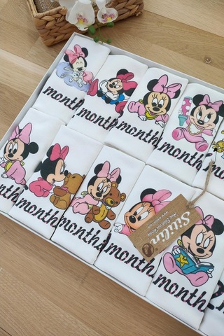 Sitilin Aylık Kız Badi Set 12 Ay Her Ay Özel Mickey Baskılı Uzun Kollu Çı Pembe