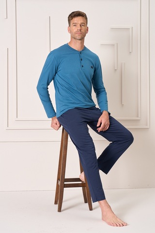 Erkek Pamuk Uzun Kol Pijama Takımı 4106 Petrol Petrol
