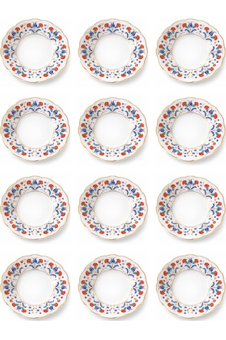12 Li Yaldızlı Çiçek Motif Porselen Çay Tabağı Desenli Çay Tabak Çok Renkli