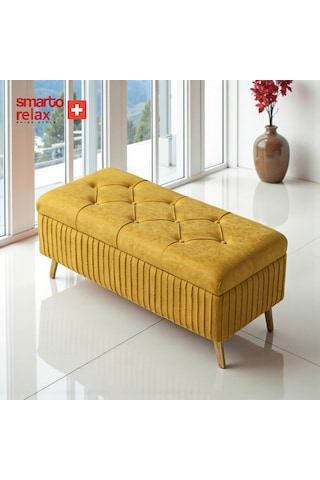 Smarto Relax Swiss Style Puf , Appenzell Kapitonesandıklı Puf, Babyface Kaplama, 100x40x45 Cm, Ahşap Ayaklı ,sandıklı Dekoratif Puf Sarı