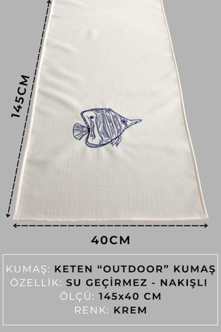 Marin Nakışlı Runner 145x40 Ve 45x45 Kırlent Seti Balık Desen Su İtici Outdoor Keten Tekne Bahçe Krem