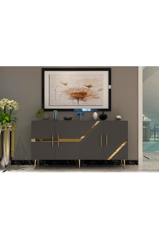 Pınar Konsol Tv Sehpası Çok Amaçlı Dolap 150 Cm Antrasit Altın