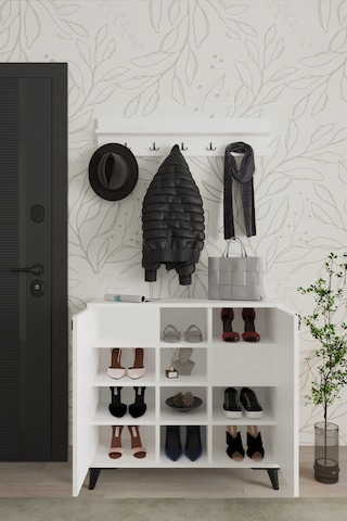 Akasya 2 Kapaklı Ayakkabılık, Vestiyer, Portmanto, Askılık, 90 Cm, Beyaz Beyaz