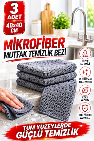 3'lü Mikrofiber Mutfak Temizlik Bezi 40x40 Cm Süper Emici İz Bırakmayan Çok Amaçlı Gri Bez Seti