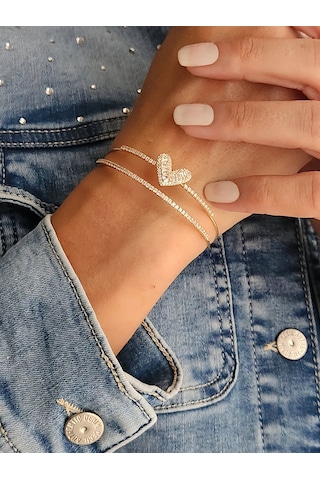 Eva Takı Store Kalp İki Sıralı Model Gold Renk Çelik Ayarlanabilir Bileklik Kelepçe Gold