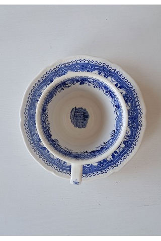 Vintage Burgenland Çiçek Desenli Antika Çay Fincanı Seti Mavi Mavi