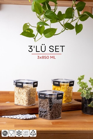 Nandy Home Kilit Kapaklı Kare Clear Saklama Kabı 3'lü Set - 850 ML Beyaz