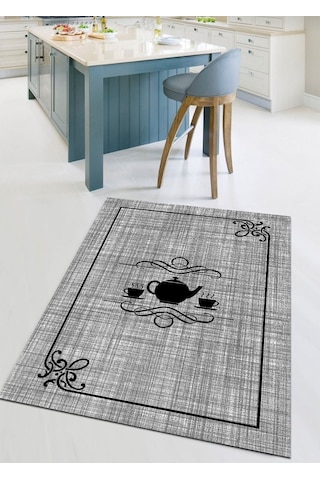 Gri Ve Somon, Kupa, Kaymaz Dökülmez Deri Taban Mutfak Halısı