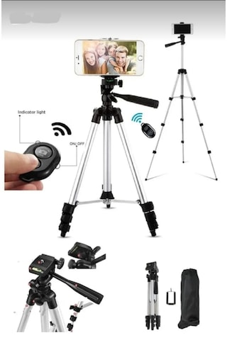 Tripod Profesyonel Fotoğraf Video Çekimi Kumandalı Telefon Tutucu Işıklı Ledli Gri