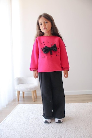 Kız Çocuk Siyah 2 Li Takım Kırmızı Organze Gül Detaylı Sweatshirt & Rahat Eşofman Takım Çingene Pembe