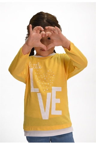 Luess Love Baskılı Garni Detaylı Uzun Kol Kız Çocuk T-shirt Sarı