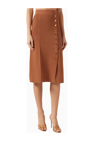 Elisabetta Franchi Triko Jewel Button Detaylı, Sofistike Midi Etek Kahverengi