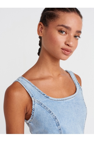 Dilvin 90565 Önü Derin Yırtmaçlı Denim Elbise-mavi Mavi