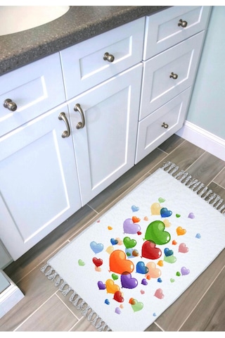 Banyo Halısı Dijital Baskılı Banyo Paspası 50x80 Polyester Kaymaz Tabanlı Duş Paspası Hearts Balloon Beyaz - Siyah