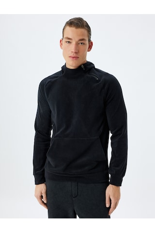 Koton Spor Sweatshirt Boxy Kapşonlu Polar Kalın Kumaşlı Fermuar Detaylı Kanguru Cepli Siyah 5wam70027nk