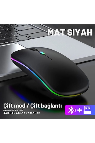 Shopytech Çift Mod Kablosuz Mouse Bluetooth 5.2 + 2.4g Şarjlı Sessiz Tıklama Rgb Işıklı 500 Mah Siy 2.4G Vertical