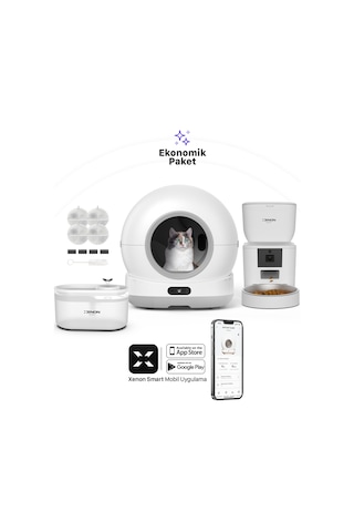 Xenon Smart Akıllı Otomatik Kameralı Kedi Tuvaleti Paslanmaz Çelik Kaseli 4lt Mama Kabı Led Işıklı Su Pınarı Ve Filtre 4'lü Pet Seti