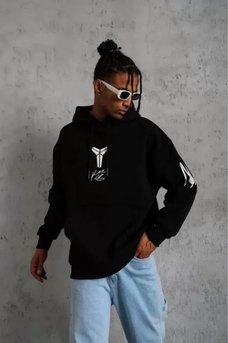 Valensdesign Unisex Sırt Baskılı Kapüşonlu Üç İplik Oversize Sweatshirt - Siyah