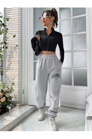 Unisex Rahat Kalıp California Baskılı Paçası Lastikli Eşofman Alt Gri