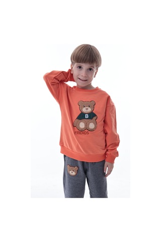 Erkek Çocuk Hayvan Figürlü Turuncu Sweatshirt Ve Gri Eşofman Takımı Yumuşak Kumaş, Rahat Kalıp Takım Turuncu