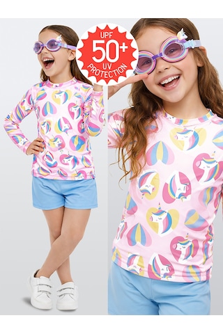Uv Korumalı Kız Çocuk Mayo T-shirt Uvp+50 Faktör Koruma Uzun Kollu Unicorn Pembe