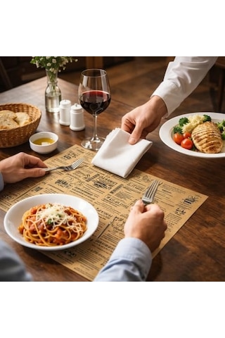 Bon Appetit Desenli Sunum Kağıdı, Vintage Gazete Stili, Kraft Görünümlü, 25x35 Cm, Tek Kullanımlık, Restoran Ve Kafe İçin, 50 Adet