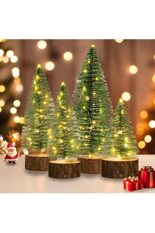 Yenigeldi Işıklı Kar Efektli Işıklı Ağacı Seti 4'lü Mini Çam Ağaçları 25-20-15-10 Cm + Led Işık, Ye Diğer