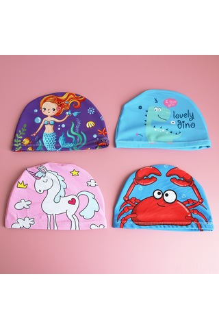 Geeroyoo Unicorn Desenli Krab Figürlü Unisex Çocuklar İçin Hafif, Dayanıklı, Konforlu Yüzme Şapkası Pembe