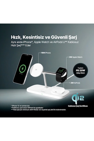 Ttec 2KS37B Aircharger Trio Pro Qi2/Magsafe Özellikli 15W Apple Uyumlu iPhone/Android Özellikli 3’Ü 1 Arada Şarj Standı