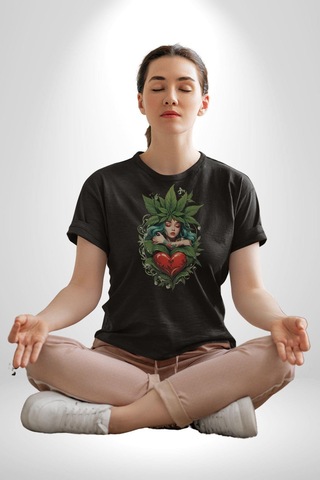 Kalp Parmak Kız Yeşillik Mutluluk Unisex Unisex Siyah Organik Baskılı T-shirt Penye Yüksek Kalite Siyah