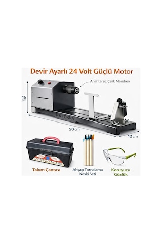 24 Volt Devir Ayarlı Anahtarsız Çelik Mandrenli Hobi Torna Makinesi