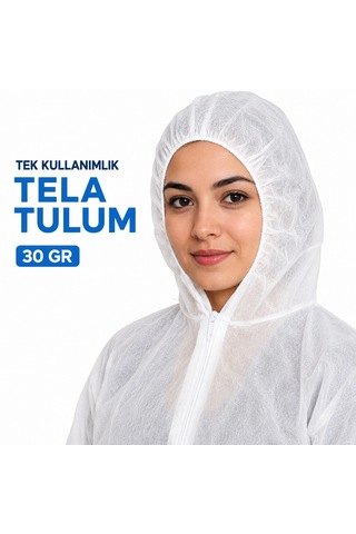 Tek Kullanımlık Tela Tulum 30gr Beyaz Fermuarlı 50 Adet