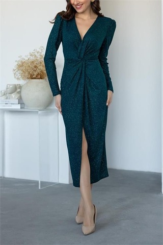 Kadın Büzgü Detaylı Simli Gece Elbisesi Dpnbmy3633 Yeşil