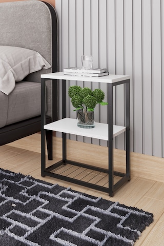 Metal Ayaklı Ve Ahşap Raflı Dekoratif Komodin Beyaz Beyaz