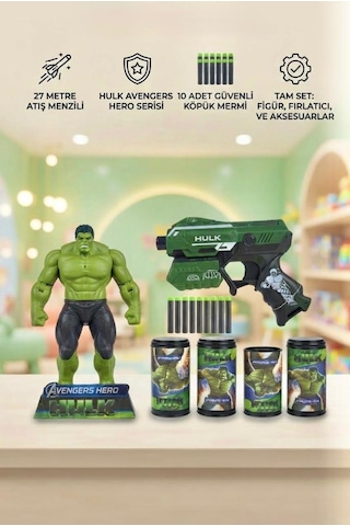 Işıklı Hulk Figürlü Hedefli 10 Adet Soft Mermili 38 Cm Dart Atan Oyuncak Silah Seti