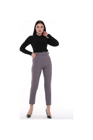 Cedy Kadın Yüksek Bel, Kemerli, Pileli Bilek Boy Dokuma Pantolon, C3008 Bej 001