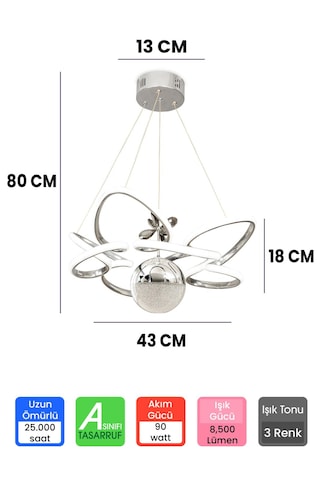 Ransom Modern 3 Renk Kumandalı Büyük Boy Toplu Salon Led Avize Krom
