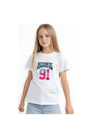 Panios Kids Authentic Baskılı Kız Çocuk Kısa Kollu T-shirt Beyaz