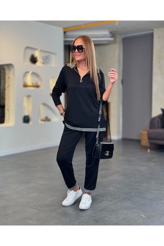 Defymoda Kadın Uzun Kollu Ribana Ve Fermuar Detay Bluz Ve Yüksel Bel Pantolon 2li Takım Siyah
