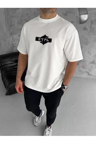 Zenna Tarz Unisex Bisiklet Yaka Baskılı Double Oversize T-shirt - Beyaz
