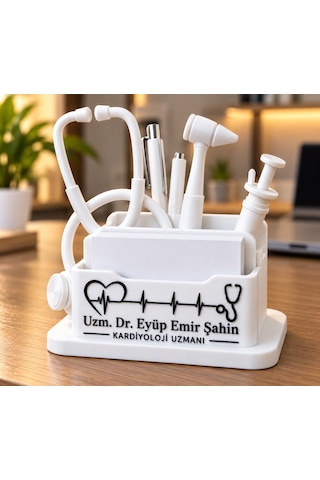 Kişiye Özel Beyaz Doktor Kartvizitlik 3d Baskı Stetoskop Tasarımlı İsimli Masaüstü Organizer