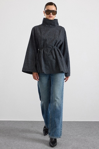 Olcay Degaje Yaka Oversize Kareli Bluz Antrasit 9839