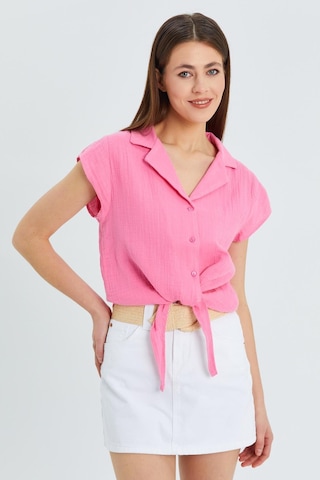 Mixray 4555 Kadın Önü Bağlamalı Müslin Crop Gömlek Pembe