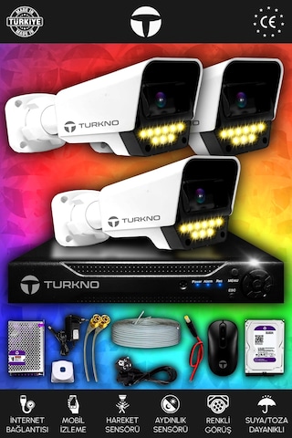 Turkno 3 Kameralı Supia 3 Dış Kamera Set 2 TB 5 MP 2K Net Renkli Gece Görüşlü Güvenlik Kamerası Sistemi