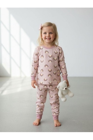 Kız Çocuk Pamuklu Gökkuşağı Desenli Pijama Takımı-16274 Renkli