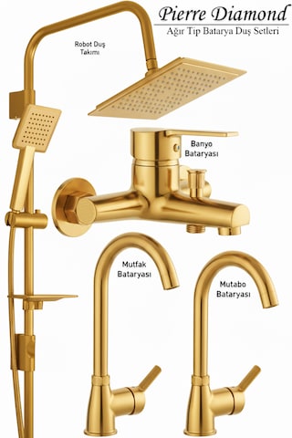 Lüks Banyo Lavabo Mutfak Bataryası Ve Robot Duş Takımı Gold Renk Altın