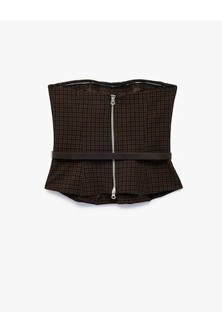 Koton Hafif Peplum Fermuarlı Kemerli Straplez Kolsuz Ekoseli Korse Büstiyer Kahverengi Ekose 7wak30044uw Kahverengi Ekoseli