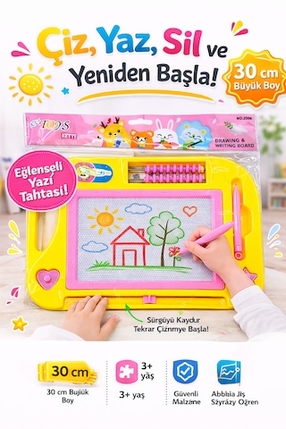 30 Cm Büyük Boy Silinebilir Yazı Tahtası Abaküslü Eğitici Çizim Ve Yazı Tahtası Kalemli Sarı