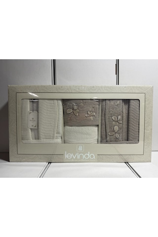 Levinda 3d Nakışlı Bornoz Takımı Krem-kahve